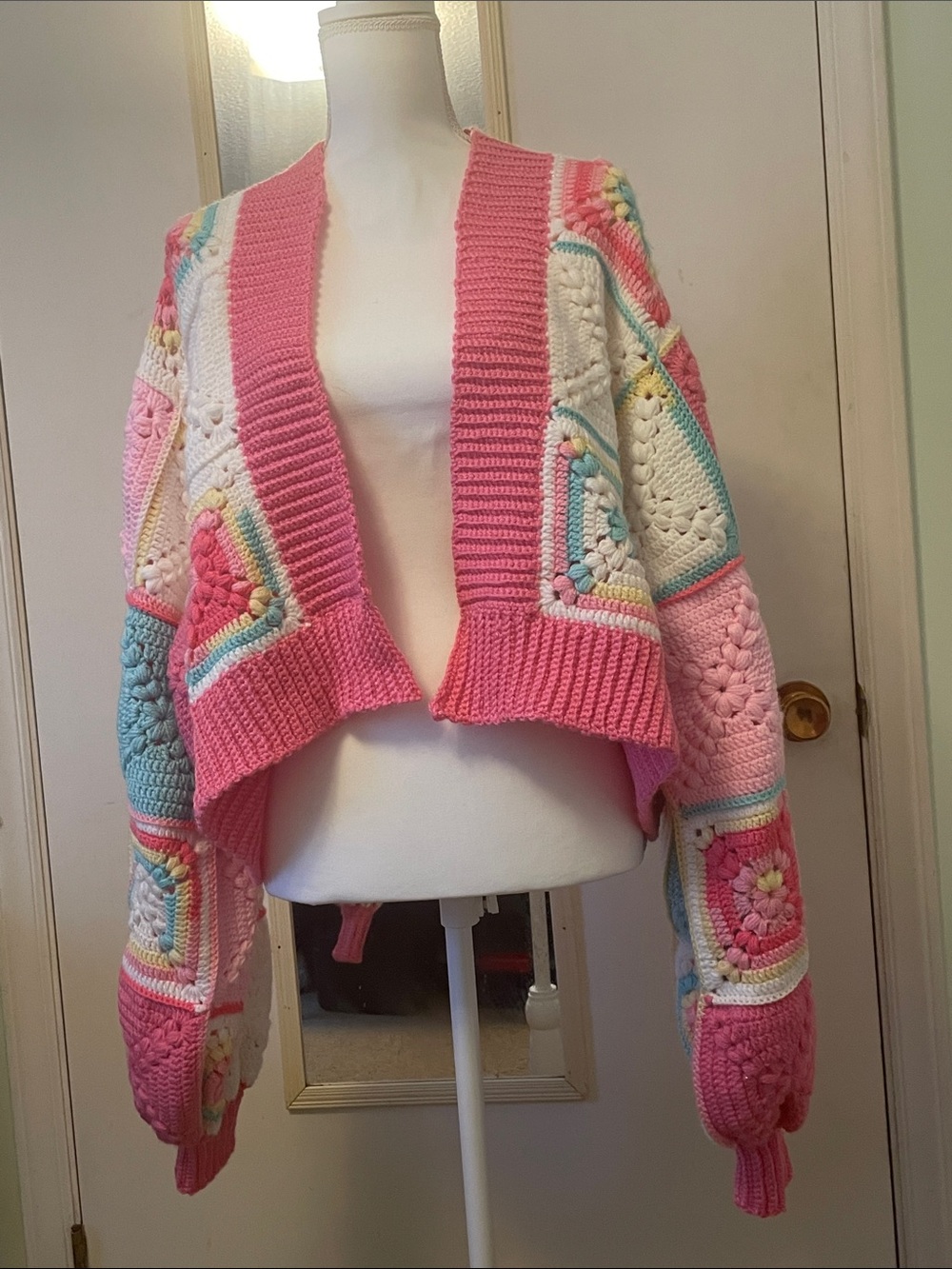 Crochet Patchwork Cardigan Sweater - Pink Multicolor - Picture 2 of 2